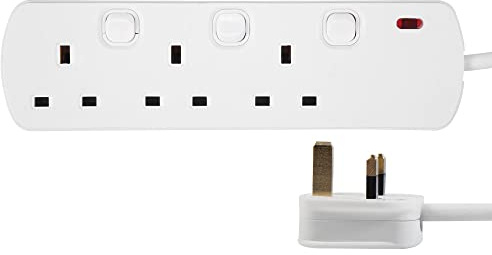 PRO ELEC 3‑Gang Switched Mains Extension Lead, 7.5m Cable, 13A, White – PELB2001