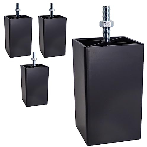 SKIR'CO 4 Stück, Schwarze Möbelbeine aus Kunststoff, Höhe 10 cm, quadratische Möbelfüße 60 x 60 mm, M8 Gewinde, Muttern im Lieferumfang enthalten