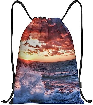 OUSIKA Sea Spray And Sunrise Drawstring Bags Waterproof Lightweight Backpack Pull String Bag Beach Bag For Gym Shopping Yoga, Black, S, Travel Backpacks