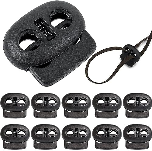 10 Stück 2-Loch Kordel Stopper, Kordelklemme 2 Loch aus Kunststoff, Schwarz Schnurstopper für bis Ø 4 mm Kordeln, für Seile Jacken Gummikordel Stopper