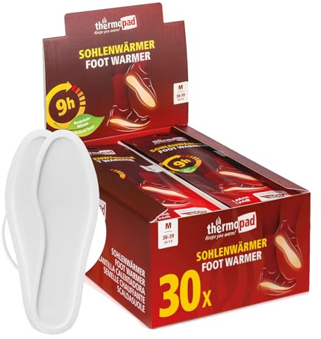 THERMOPAD 30 par sulvärmare (finns i 5 storlekar) - ORIGINALET: Box med 30 st med värmekuddar (innersula) för 8 timmars värme I fotvärmarskydd I extra varm värmesula M för skor & pjäxor
