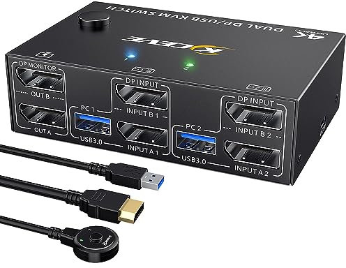 MLEEDA Displayport KVM Switch 2 PC 2 Monitor 8K@60Hz 4K@144Hz, KVM Switch Dual Monitor pour 2 Ordinateurs Partager 2 écrans et 4 Ports USB 3.0, Supportent des Modes Miroir et Affichage étendu