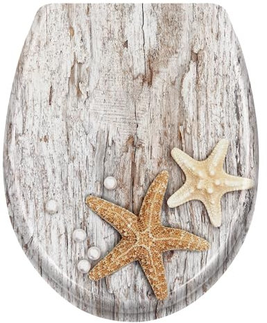 YUENFONG WC Deckel WC Sitz mit Absenkautomatik, Toilettensitz Toilettendeckel aus Duroplast, Fast Fix/Schnellbefestigung, inkl. Montagematerial(Perle Seestern)