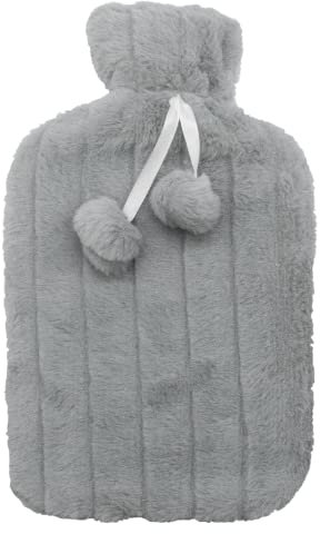 Large Fluffy Hot Water Bottle Cover - Cover Only (Hot Water Bottle not Included) - One Size for 2 Litre Bottle - Grey with Pom Poms - by TRIXES