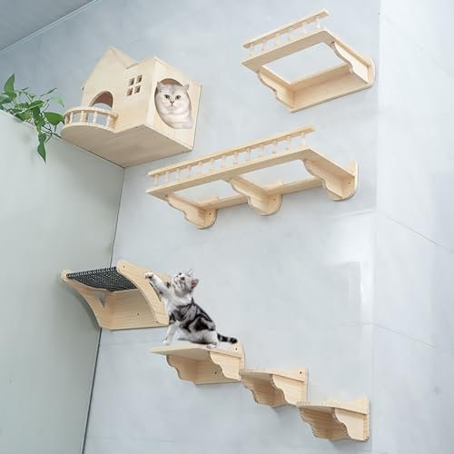 Pucaru An der Wand Montierte Katzen Kletterwand Set aus Massivem Holz, Katze Wandelement, Luftkorridor-Raumkapsel-Katzennest-freie Kombination (Color : Style5)