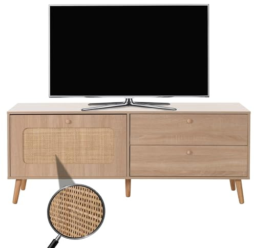 Mendler TV-Rack HWC-M38 Kubu Rattan Holz 56x140x41cm Eiche-Optik | Lowboard, Fernsehtisch, TV-Schrank, Kommode, Schublade, Türe