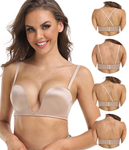 DotVol Push Up Convertible Strapless Bra for Women Underwire Deep U Plunge Padded Multiway Bra(Beige,34DD)