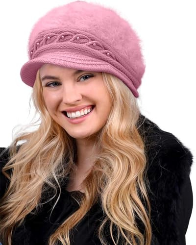 Yutdeng Baskenmütze Damen Winter - Gefütterte Strickmütze Mit Schirm, Wollmütze Fleece Barett, Wintermütze Strick Hut, Warme Herbst Hüte, Weich Beret Beanie