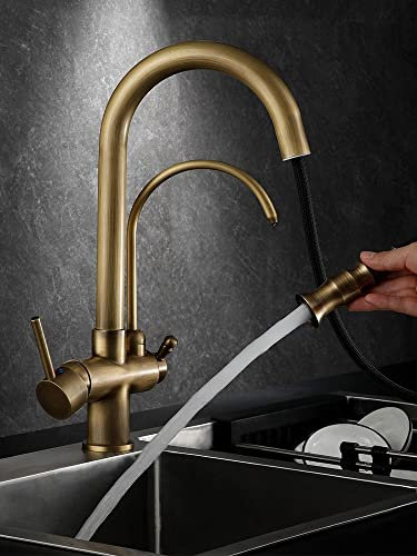 HGMAISON Küchenarmaturen Messing im europäischen Stil Antiker DREI-in-Eins-Wasserhahn Heiß- und Kaltwasser-Küchenspüle Ausziehbarer, sauberer Wasserhahn Drehbar, Antik Ordinary (Antik Ordin