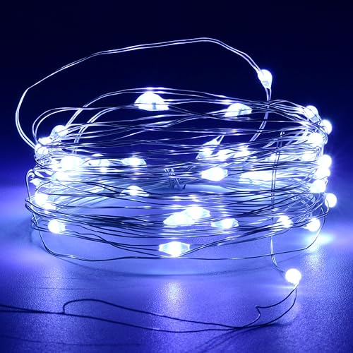 KARSUM Lichterkette, batteriebetrieben, 5 m, 50 LEDs, funkelnde Lichterkette, Stecklichter mit Fernbedienung und Timer, 8 Modi, wasserdichter Silberdraht für Weihnachtsbaum im Freien (weiß)