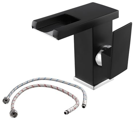 ZYNCUE LED Waterfall Faucet,Washbasin Tap Sink Basin Deck Mounted With 2 Water Inlet Pipes Cold And Hot Mixer For Home Bathroom Kitchen(Black)