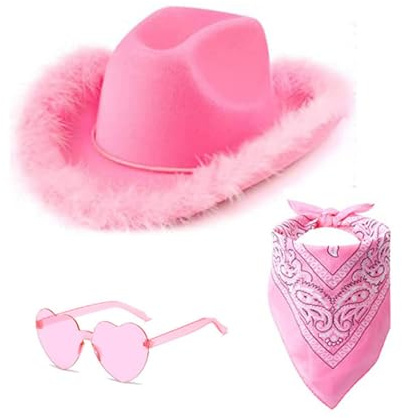 Generisch CowboyHut Damen Herren Fashion Westernhut Cowboyhüte Cowgrilhut Rockstar Randlose Hippie Herzförmige Brille Halstuch Wilder Westen Party Cowgirl Hut Pink KostüM GroßE GrößEn