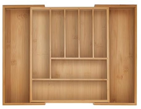 Relaxdays Besteckkasten, 7–9 Fächer, ausziehbarer Besteck Schubladeneinsatz, HxBxT: 5 x 28-44,5 x 33,5 cm, Bambus, Natur
