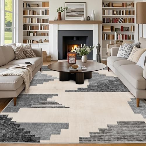 Chicnix Tapis pour salon 200x300, grand tapis lavable à poils courts antidérapant, moderne design géométrique patchwork pour chambre à coucher, chambre d'enfant, bureau, salle à manger, noir et gris