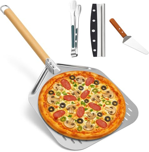 Pizza Peel Tools Set,4 PCS Pizza Making Tool Kit,Pizza Oven Accessories Set: 12 Inch Pizza Paddle,Spatula,Cutter,Food Clip,Ideal for Homemade Baking,Cookies,Cake,Bread,Pastry and BBQ