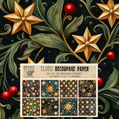 Decoupage Paper Pack (24 Sheets 6x6) Art Nouveau Starlight ~ Retro Christmas Star Motifs in Decorative layouts with Stylized Flourishes and Vintage Color Palette
