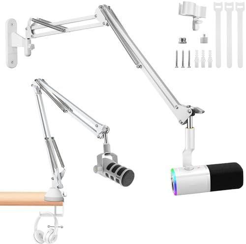 Weiße Mikrofon-Wandhalterung und Mikrofonarm für den Schreibtisch, kompatibel mit Shure FIFINE Blue Yeti, Razer, HyperX Mikrofon-Set für Rundfunk, Podcasts, Streaming und Gaming