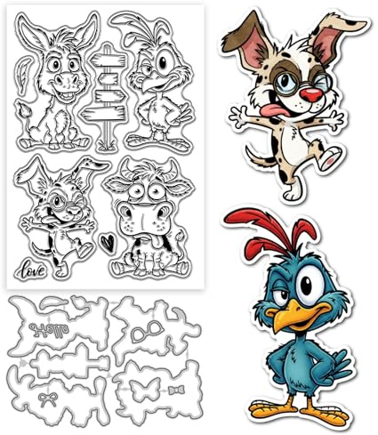 GLOBLELAND Transparenter Stempel Und Stanzformen Set Mit Lustigen Tieren Zum Gestalten von Karten Cartoon Esel Vogel Hund Kuh Silikon Transparentstempel Metall Tiere Stanzformen Für DIY Scrapbooking