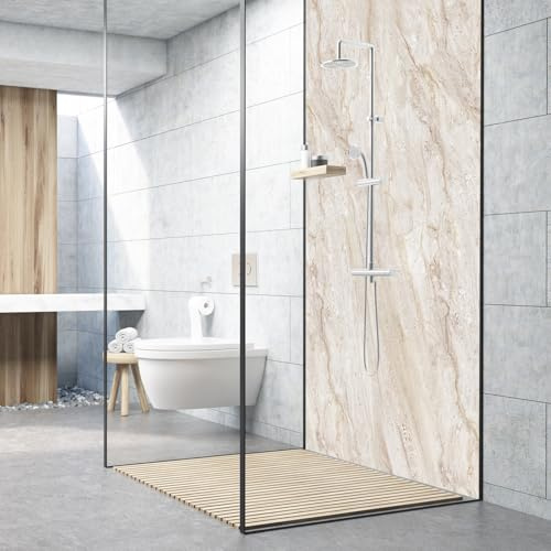 Dedeco Premium Bad Duschrückwand mit Motiv: Marmor V9, 90x200cm, UV-Lack glänzend, wasserfest, hochwertige fugenlose Wandverkleidung aus 3mm-Alu-Verbundplatte, Fliesenersatz ohne Bohren