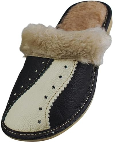 APREGGIO - zapatillas de casa para mujer de cuero natural - pantuflas forradas con lana de cordero y diseño de estrellas - cálidas y antideslizantes para el hogar - talla 39