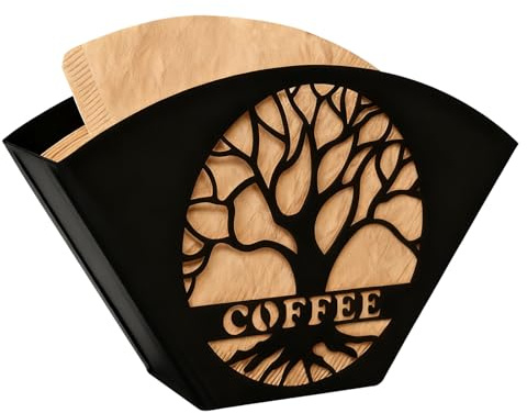 YICH Filtertütenhalter Stehend Kaffeefilterhalter mit Baum des Lebens-Dekor Metall Coffee Filter Holder Kaffeefilter Aufbewahrung Filterpapierhalter Filtertütenhalter Schwarz