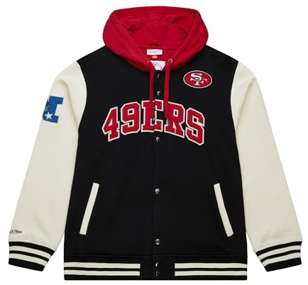 Mitchell & Ness Courtside Fleece NFL Vintage collegejacka med huva, färgkontrasterande ärmar, tryckknappslås, män, kvinnor, barn, unisex, vår, sommar, höst, vinter, San Francisco 49ers, M