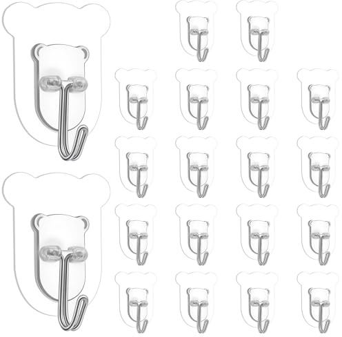 20 Pcs Plastic Sticky Hooks White Self Adhesive Wall Hooks Heavy Duty 10lb Max Transparent Sticky Wall Hook for Hanging Towels Coats Keys, Waterproof Hook for Shower Kitchen Bathroom Office Home Decor