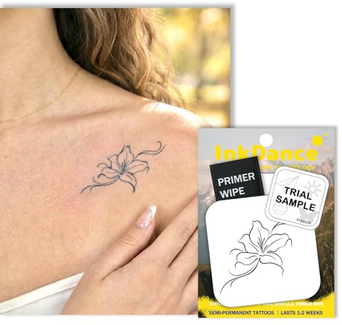 InkDance Semi-Permanent Tattoo, Tiny Fine Line Lily Flower, Long Lasting Temporary Tattoos, Waterproof Plant-Based Ink, Lasts 1-2 Weeks, Color Develops in 24 Hours MNF098