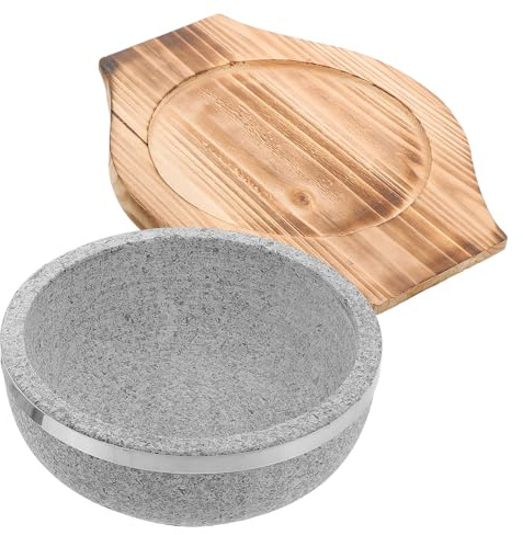 Amosfun Ciotola in Pietra Naturale 800ml per Bibimbap con Base in Legno, Pentola Coreana Resistente al Calore per Cucina su Fiamma Libera, Ciotola da Portata Multifunzione per Uso