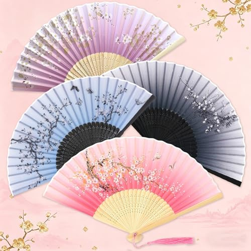 Fächer 4er Set, Faltbarer Handfächer aus Seide und Bambus mit Quasten, Chinesischer Faltfächer als Geschenk für Tanz, Fotografie, Wanddeko, Sommerdeko Fächer Hochzeit