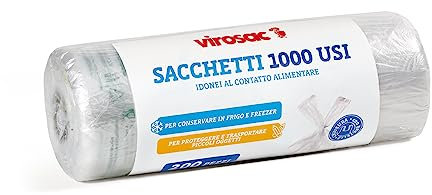 Virosac - 1000 Usi - Sacchetti multiuso a forma di shopper 34x60, 200 sacchetti per rotolo, trasparente