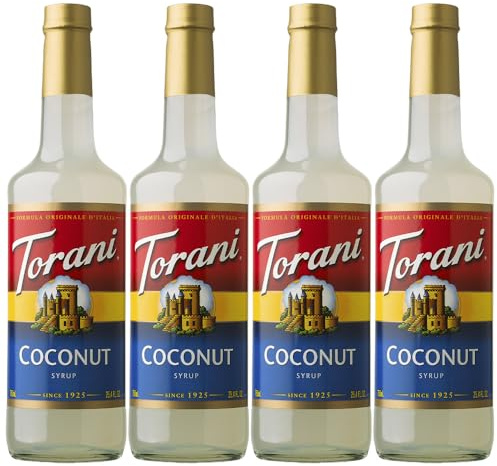 Torani Coffee Syrup, Coconut Flavour (Pack of 4 x 750ml) | Cane Sugar Drink Flavouring for Lattes, Iced Coffee & Hot Drinks, Vegetarian Friendly