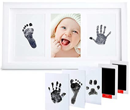PewinGo Fußabdruck Baby Set,Handabdruck Baby Set mit 2 Tintenlos Fußabdruck Stempelkissen Baby und Elegant Hölzern Baby Bilderrahmen-Sinnvolle Baby Geschenke zur Neugeboren, Babyparty