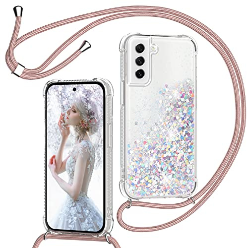 TUUT Handyband für Samsung Galaxy S21 5G Hülle mit Band, Glitzer Treibsand Handyhülle mit Kordel zum Umhängen Transparent Stoßfest Schutzhülle mit Kette Schnur, Quicksand Necklace Case in Roségold