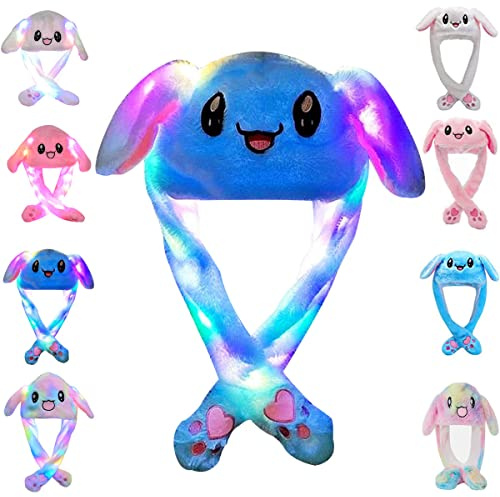 umbresen Bunny Hat Ear Moving Jumping Rabbit Hat Funny Cute Plush Animal Cap with Paws for Kids Women Girl Party Christmas Holiday Birthday Dress up Cosplay Costume Gift (LED Blue)