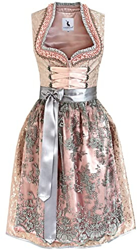 Alpenmärchen Midi Dirndl Cleo de la colección exclusiva incluye delantal de encaje, tallas 32-54 - ALM900, rosa y gris, 40