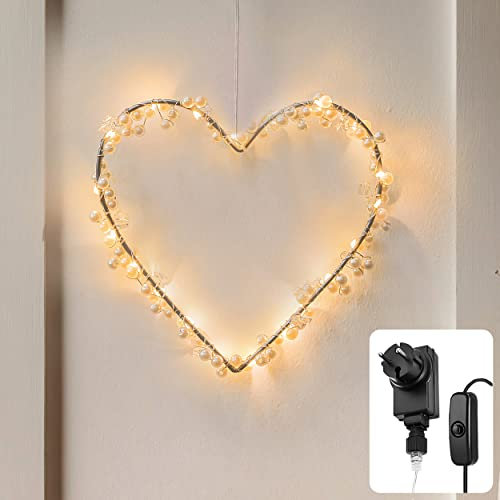 CozyHome 20 LED Herz Lichterkranz mit Stecker - Warmweiß Fensterdeko beleuchtet | LED Deko Wohnzimmer modern zum hinstellen oder hängend | Leuchteten Fenster Hochzeitsdeko Herzen zum aufhängen Strom