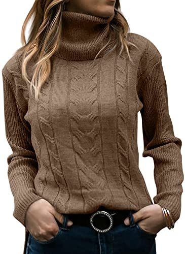 GeGekoko polotröjor för kvinnor kabelstickade långärmade toppar pullover mjuk tröja, Brun, M