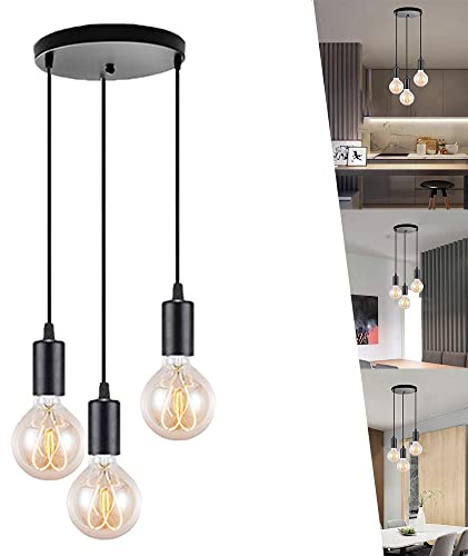 Hängelampe Eisen Pendelleuchte Schwarz 3 Flammig Deckenleuchte Led Kronleuchter Modern Hängeleuchte mit E27 Lampenfassung Metall Vintage Retro für Küchen Esszimmer Wohnzimmer Schlafzimmer (B)