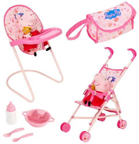 Peppa Pig - Juego de 7 piezas para niños de muñecas con cochecito, trona, cubiertos, bolsa para pañales y accesorios, carrito para muñecas y cochecitos para juegos de rol, adecuado a partir de 3 años