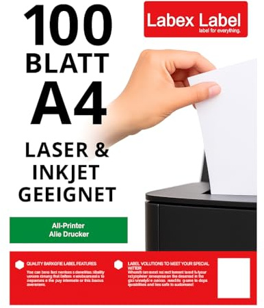 Labex Label A4 Klebeetiketten zum Bedrucken – 100 Blatt Selbstklebende Etiketten A4 – Etikettenpapier für Drucker – Aufkleber zum Bedrucken