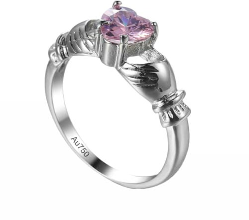 AMDXD Echte Goldschmuck Trauringe 18K Weißgold, Rosa rosa Kristall Claddagh-Hand Pärchen Ringe, Eheringe Au750 Gold, Gr.58 (18.5)