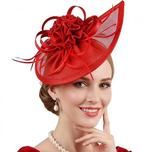 JIAHG Retro Net Fascinators Exaggerated Ascot Tea Party Hat Headband Feather Headpiece Bridal Headdress Ball Cocktail Flower Hair Accessories Banquet Dress Headwear Red
