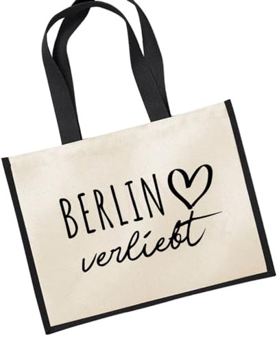 Huuraa Jutetasche Berlin verliebt Geschenk 21 Liter Black Jute und Baumwolle Einkaufstasche Berlin Geschenkidee