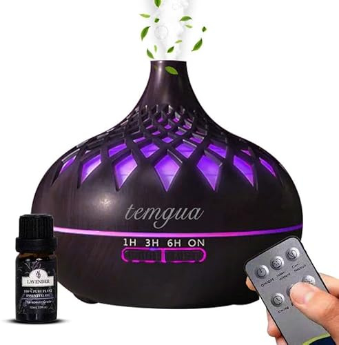 Temgua 500ml Essential Oil Diffuser, Ultrasonic diffusers for home with 1 pure lavender oil, 4Timer, Waterless Auto-Off, Aromatherapy humidifier with 7LED lights (Dark wood)