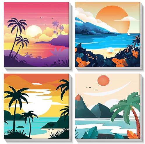 MOGTAA 4 Pack Landschaft Malen Nach Zahlen mit Rahmen, Sonnenuntergang Malen nach Zahlen Kits für Erwachsene Kinder, DIY Ölgemälde Leinwand Set Acrylic Malerei Bilder für Home Dekor (20x20cm)