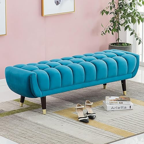 Luxuriöser Fußhocker mit gepolstertem Sitz, akzentuiertes Ende der Bettbank für Schlafzimmer, Wohnzimmer, Ottomane, samtgepolsterte getuftete Eingangsbank (Farbe: Blau, Größe: 80 x 45 x 45 cm)