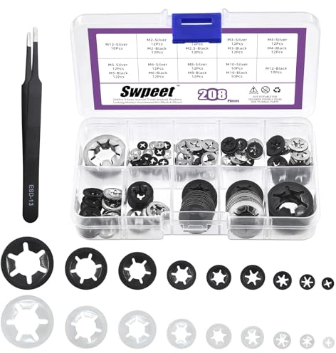 Swpeet Rondelle a dente interno con bloccaggio a stella (rondelle di bloccaggio a dente in acciaio inossidabile) con pinzetta, kit, M2 M2.5 M3 M4 M5 M6 M8 M10 M12 molle Push On rondelle di sicurezza