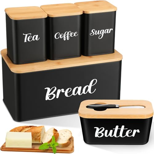 Domensi Panera de metal y mantequillera de cerámica con 3 recipientes herméticos de cocina, juego de recipientes de almacenamiento para cocina con tapa de tabla de cortar de bambú y cuchillo de