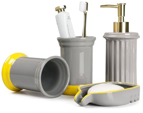 Bosilunlife Ensemble de salle de bain 4 pièces en céramique, organisateur de salle de bain avec distributeur de savon, porte-savon, porte-brosse à dents, matériau céramique de haute qualité, kit de
